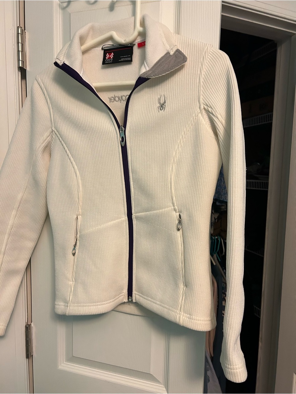 Spyder Women’s Cream Full-Zip Teddy Fleece Jacket with Purple Trim